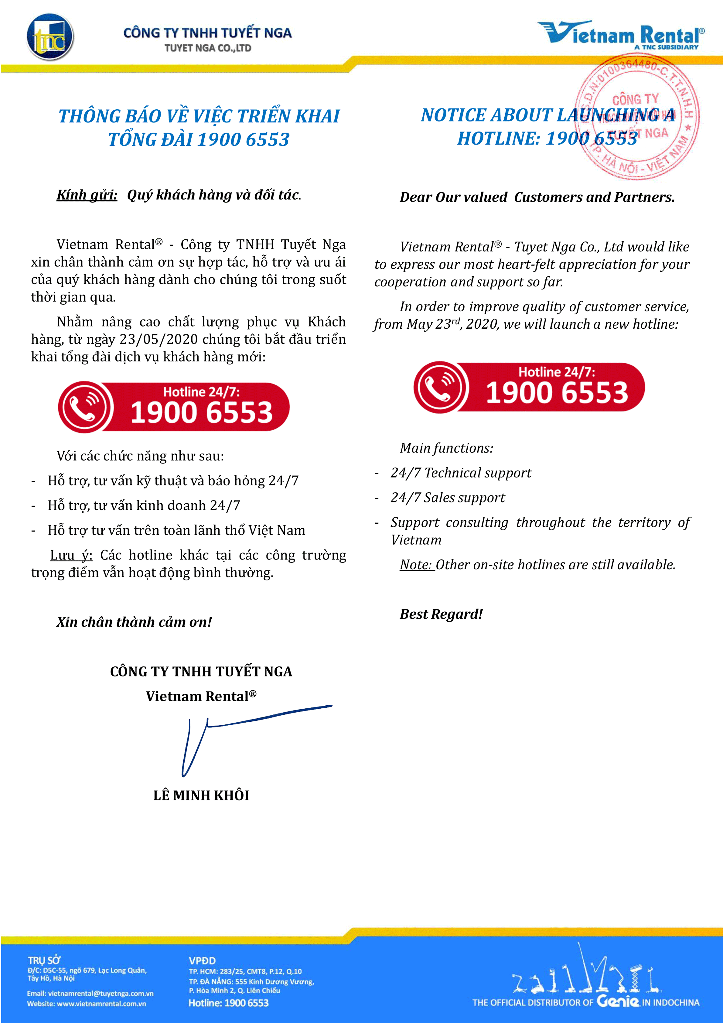 Thông báo tổng đài hỗ trợ mới Vietnam rental